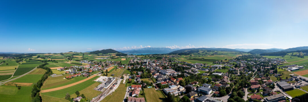 Austria, Upper Austria, Saint Georgen im Attergau, Drone panorama of rural town in summer