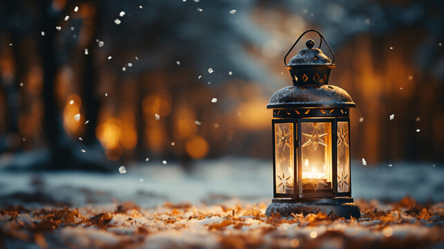 Christmas lamp on snow in winter, copy space - Generative AI