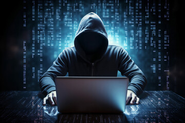 Computer hacker stealing data from a laptop concept for network security, identity theft and computer crime - Generative AI - obrazy, fototapety, plakaty