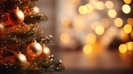 Fototapeta na wymiar Decorated Christmas tree on blurred bokeh background - Generative AI