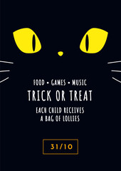 Illustration vectorielle de chat noir d'Halloween. Affiche d'un visage de chat de sorcière pour Halloween. Visage de chat vectoriel avec des astuces ou des friandises pour la fête d'Halloween.