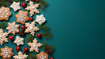 Delectable Christmas cookies paired with evergreen branches and adorned with decorative elements on a colored background, presented in a flat layout with a top view - Generative AI