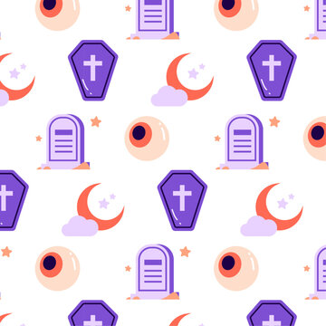 Illustration vectorielle de d'Halloween. Pattern d'&eacute;l&eacute;ments et pictos vectoriel d'halloween :  oeil de cyclope, cercueil de vampire, tombe de mort-vivant, croissant de lune et &eacute;toiles la nuit.