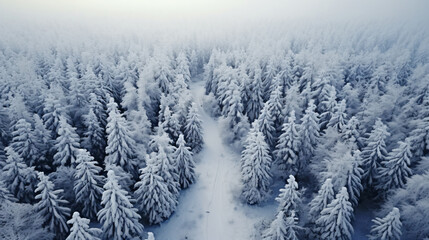 Drone photo, Top view of snow covered evergreen trees after a winter blizzard - Generative AI - obrazy, fototapety, plakaty