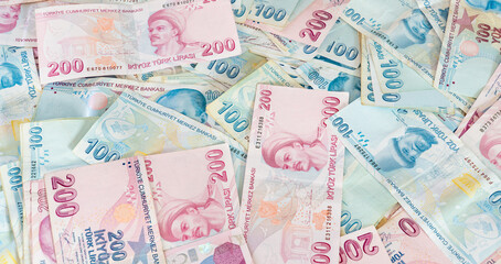 Inflation in Turkey. Economic crisis concept. Increasing inflation. Turkish lira banknotes high angle view.