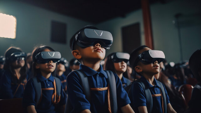 Group of schoolchildren with virtual reality glasses in the classroom. .Asian primary school age children virtual reality technologies during lesson. Futuristic education concept. Generative AI.