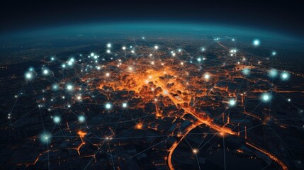 big city at night with network lines connected to satellites, cityscapes, circular shapes,...