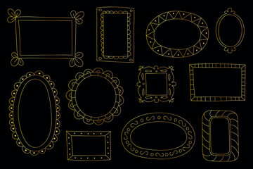 Clipart set of vintage doodle gold frames for photos and paintings. Hand-drawn metallic elements on a dark background.