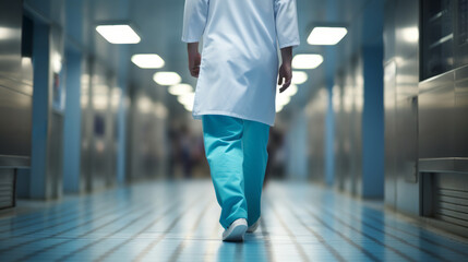 Rear view of a surgeon wearing a sterile gown or surgical gown while walking in the operating room.,Surgeon or doctor wearing protective clothing walking towards operating room in hospital. - obrazy, fototapety, plakaty