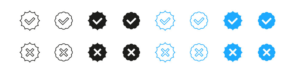 Checkmark and cross badge icon set. Tick verified button for social media. Approved and disapproved icons.
