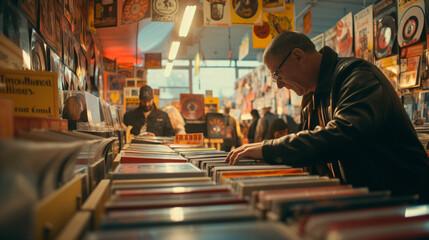 Grindhouse, seventies crate diggers, record music vinyl retro, record crates, digggin in a record store - Generative AI