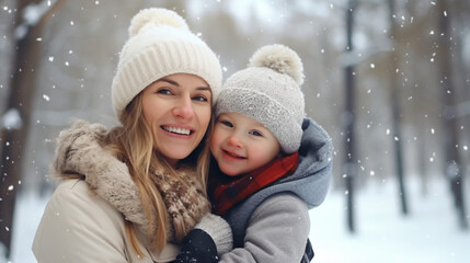 Fototapeta premium Happy family enjoying snowy weather outdoors, mother holding her young son while walking in winter park - Generative AI