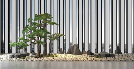 bonsai tree and stone on a white background. 3d rendering