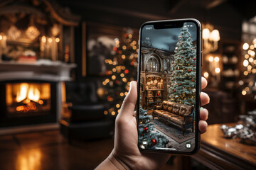iphone under a christmas tree, christmas house interior background, happy, warmfull - Generative AI
