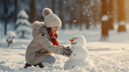 Joyful young mother making snowman with son while playing together in snowy winter park - Generative AI