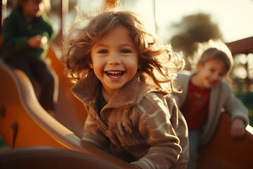 Playground Joy Candid Moments of Cheerful Kids Sliding, Riding the Carousel, and Reveling in Outdoor Fun and Laughter. created with Generative AI