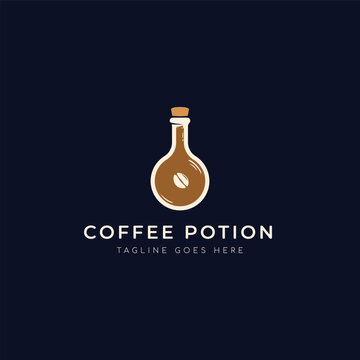 coffee liquid inside chemical flask tube or potion bottle, a coffee potion vector logo design for cafe and beverage business