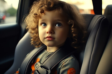 Candid Capture of a Little Blonde American Kid in Child Seat, Enjoying a Family Car Journey. created with Generative AI