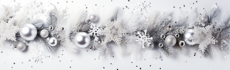 Merry Christmas wreath made of fir branches, white and silver decorations, sparkles and confetti on white background - Generative AI