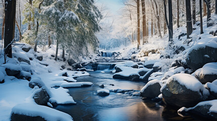A tranquil mountain stream winding its way through a snowy forest, creating a peaceful winter scene