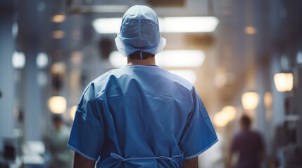 Rear view of a surgeon wearing a sterile gown or surgical gown while walking in the operating room.,Surgeon or doctor wearing protective clothing walking towards operating room in hospital.