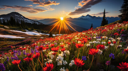 An early spring sunrise illuminating a mountain meadow bursting with colorful wildflowers