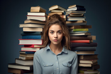 Portrait of a beautiful young woman against the background of a pile of books, front view.generative ai
