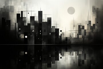 Contemporary abstract geometric art of buildings. Black and white graphic made with AI