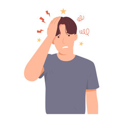 Man has a migraine attack. Symbol of dizziness, headache, brain pain. Adult feel dizzy from stress. Modern trendy style. Hand drawn vector character illustration. Isolated on white background.