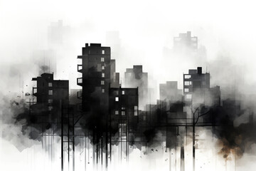 Contemporary abstract geometric art of buildings. Black and white graphic made with AI