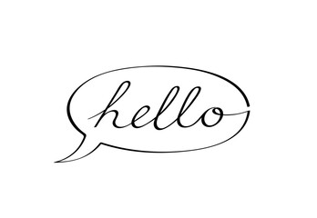 Speech bubble with hello phrase drawn by hand. Linear Hello bubble for communication and messaging. Doodle vector graphic design