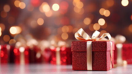 several Christmas gifts boxes with depth of field, Christmas background, red, Christmas lights, copy space - Generative AI