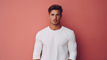 Handsome fit model guy with a blank white canvas long sleeve shirt and pastel color wall background
