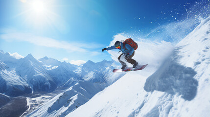 Naklejka na ściany i meble Snowboarder at jump in high mountains at sunny day - Generative AI