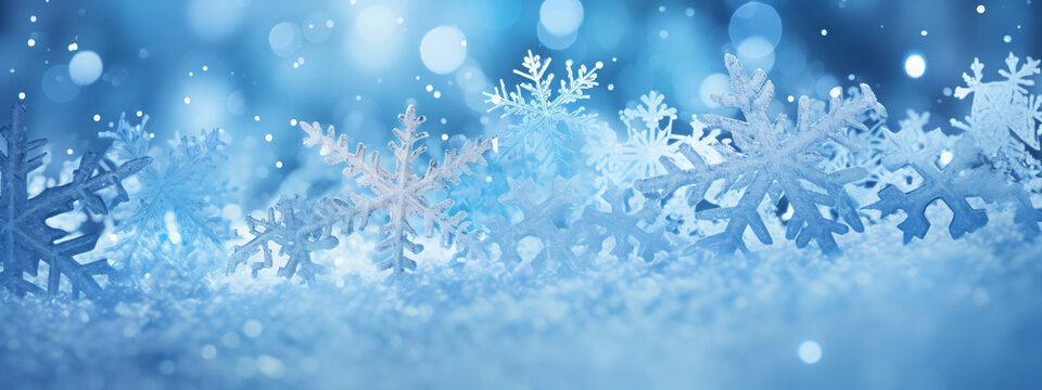 Snow in winter close-up. Macro image of snowflakes, winter holiday background - Generative AI