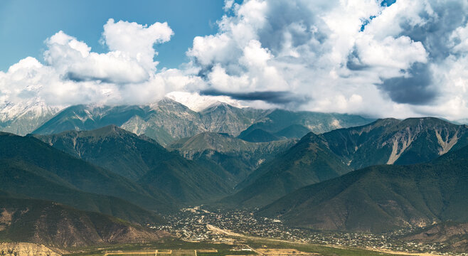 Panoramic view of Sheki city is located in the foothills of the Caucasus Mountains