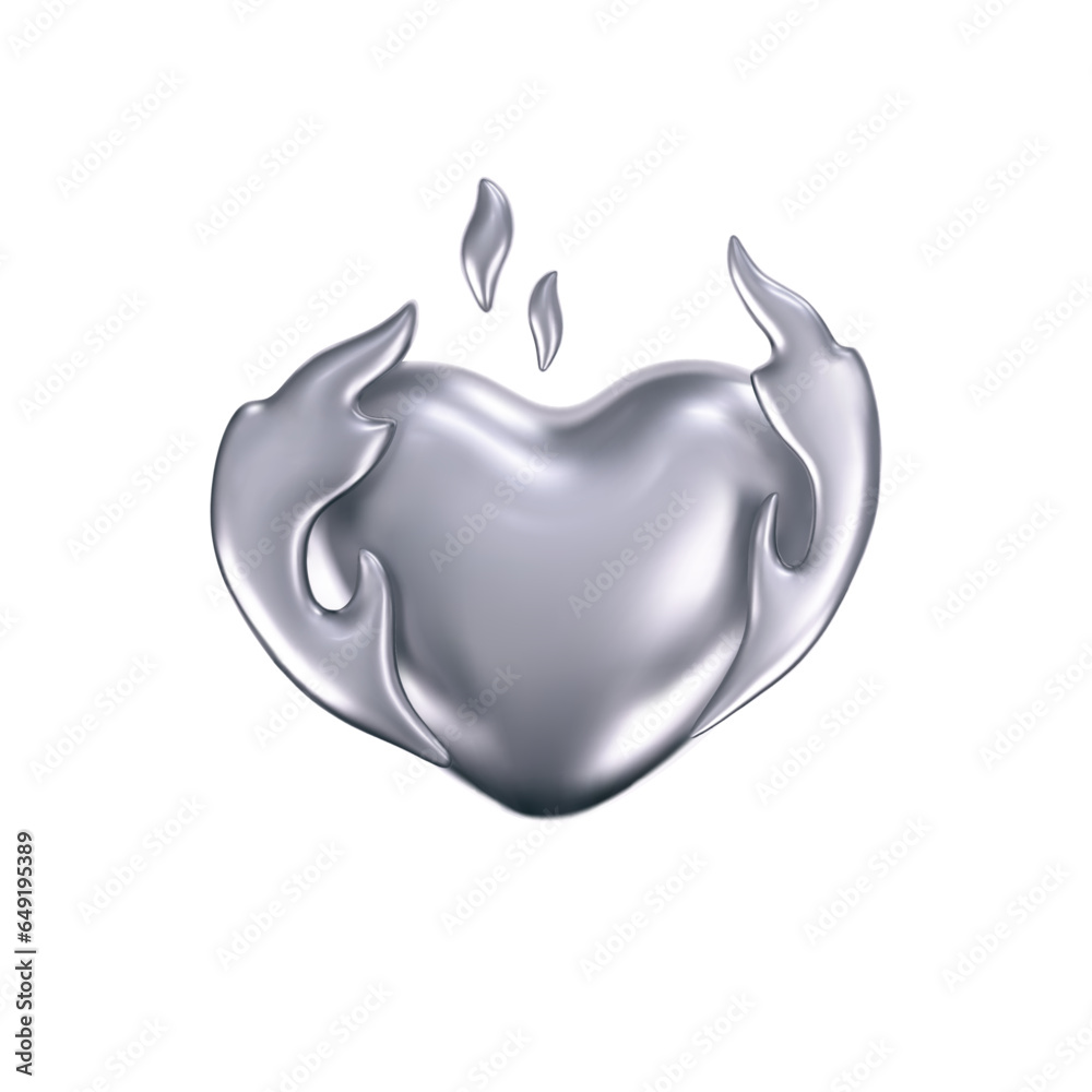 Poster 3d chrome heart icon with fire flame in y2k style isolated on a white background. render of 3d silve
