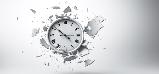  alarm clock shattering into small pieces isolated on white background. Final deadline. Time expired. Time planning.