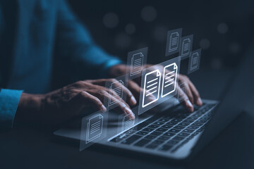 Business document icon. Business people using laptop computer to store documents and search for information. Document transferring concept. searching and managing files.