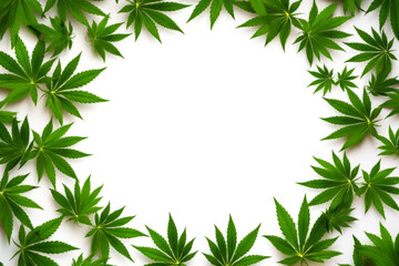 Beautiful blank white background or circle and cannabis leaves around with space for product, text or inscriptions. View from above.generative ai
