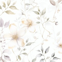 Watercolor painting of leaf and flowers, seamless pattern on white background.
