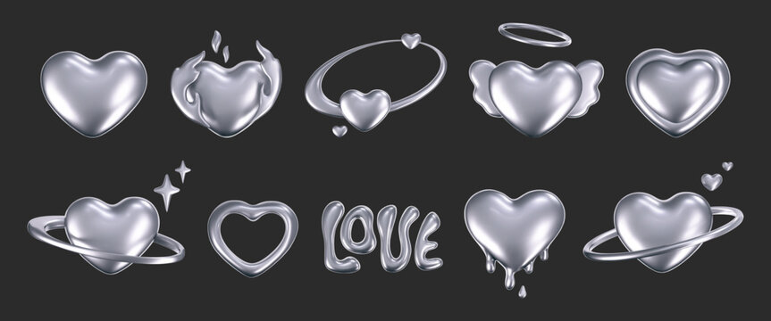 3d chrome hearts in y2k style isolated on dark background. Render 3d silver hearts with galaxy planet, stars, fire flame, angel wings, melting, love text and glossy effect. 3d vector y2k illustration