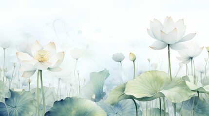 Lotus flower and Lotus flower plants in the pond, watercolor painting.