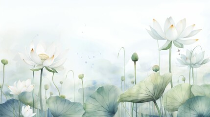 Lotus flower and Lotus flower plants in the pond, watercolor painting.