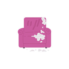 Torn pink armchair with claw marks flat style, vector illustration