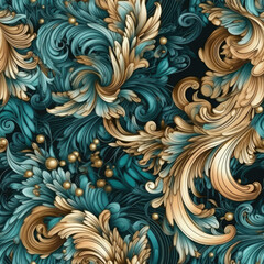 Natural embroidery fantasy rococo flowing seamless pattern, AI Generated