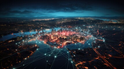 big city at night with network lines connected to satellites, cityscapes, circular shapes, industrial photography. High quality photo. top view - obrazy, fototapety, plakaty