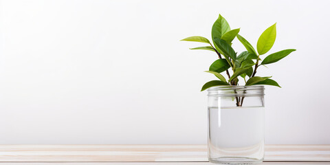 white background of a wall and green plant in the light room with copy space. Modern mock-up concept. 