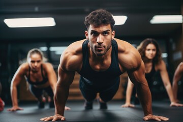 Fit people doing pushups in a gym - obrazy, fototapety, plakaty