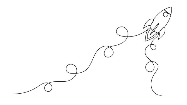 animated continuous single line drawing of rocket spaceship takeoff, rocket launch line art animation